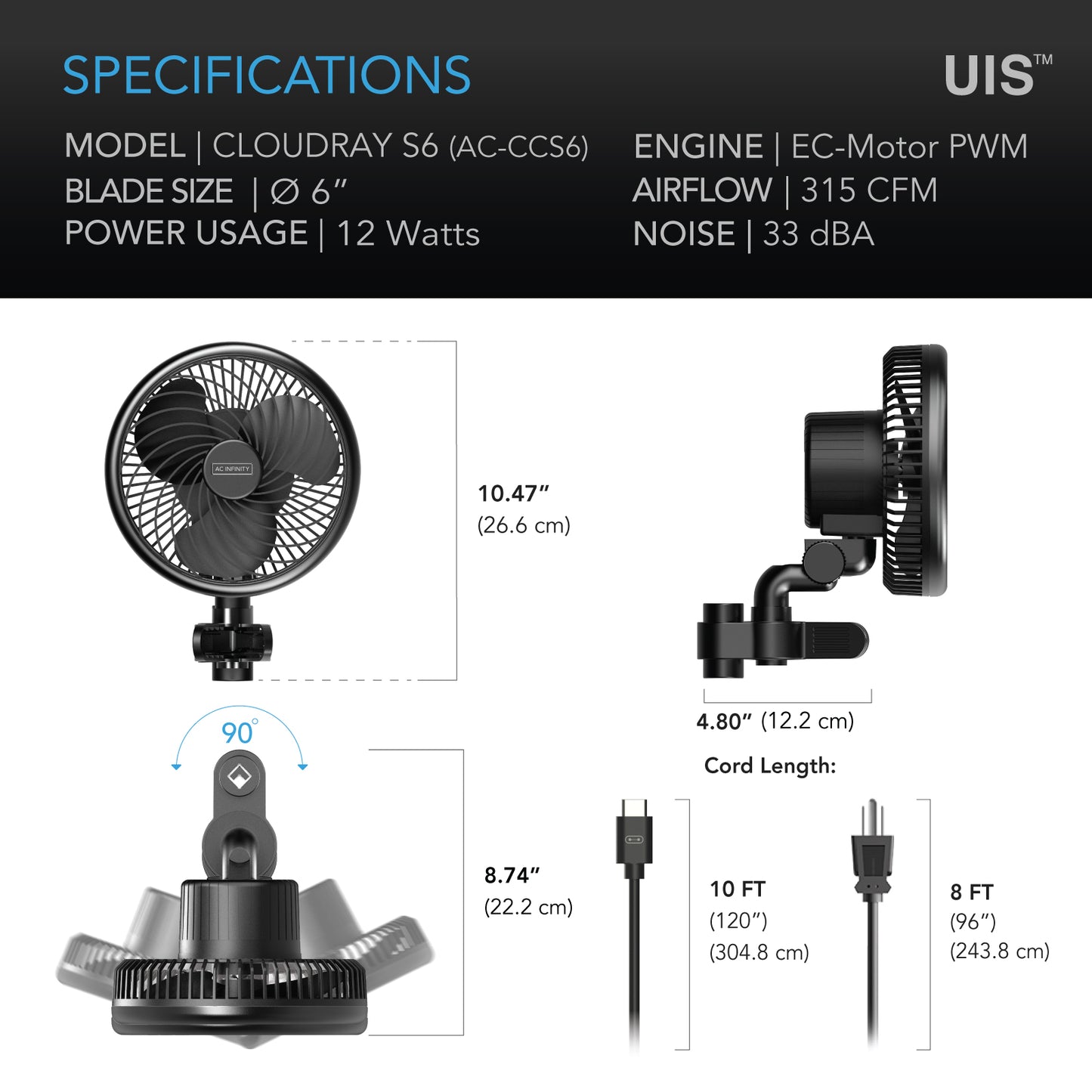 AC Infinity circulation fan specs