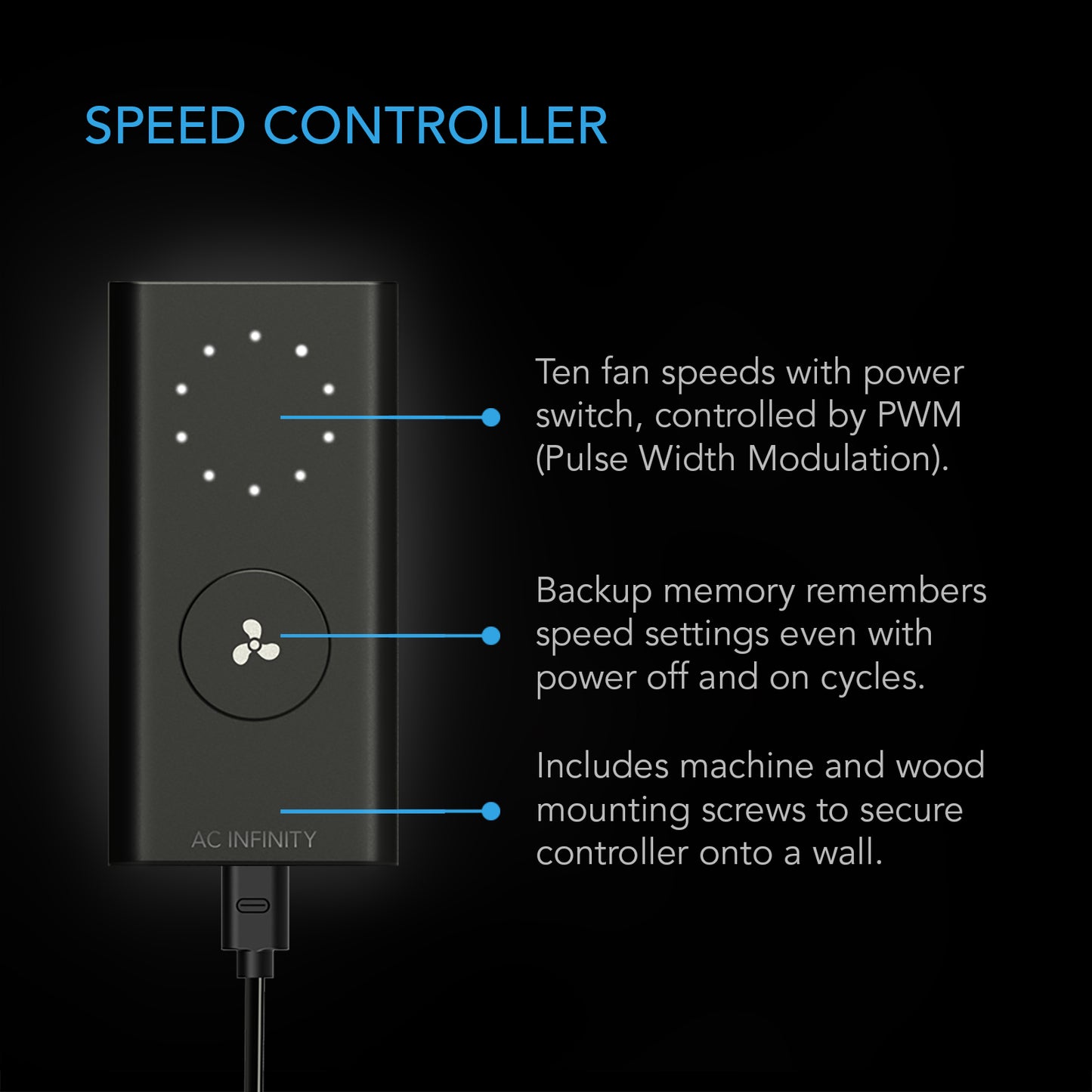 AC Infinity 4inch inline fan wired speed controller features