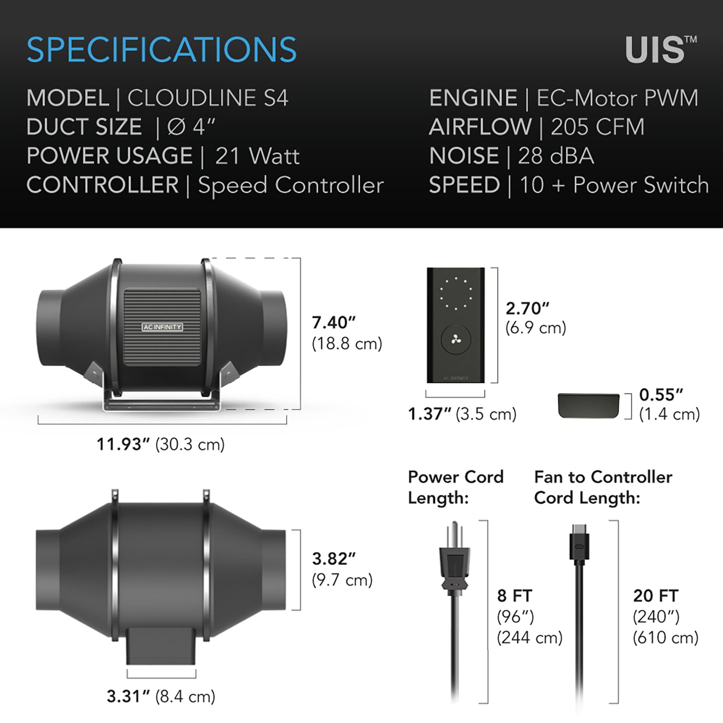 AC Infinity 4inch inline fan with wired speed controller specs