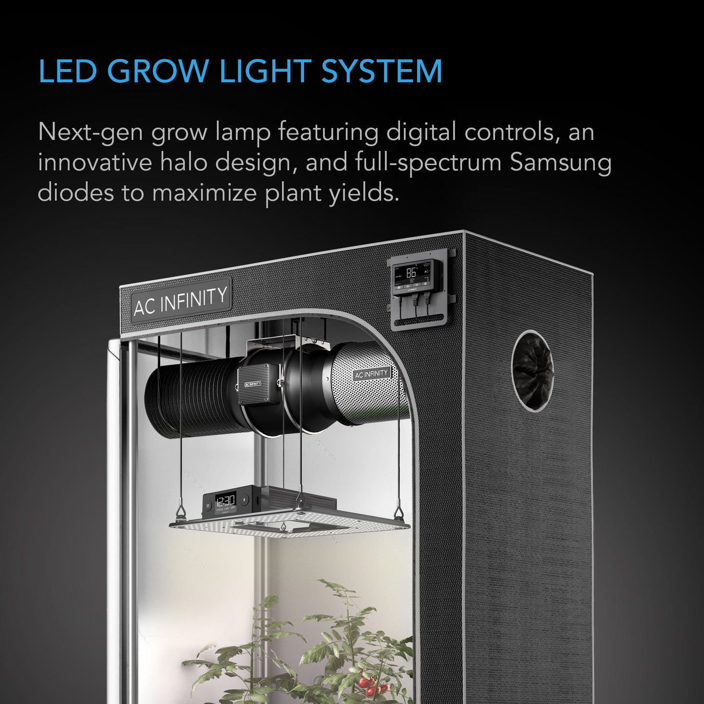 AC Infinity 260W full spectrum LED grow light in grow tent