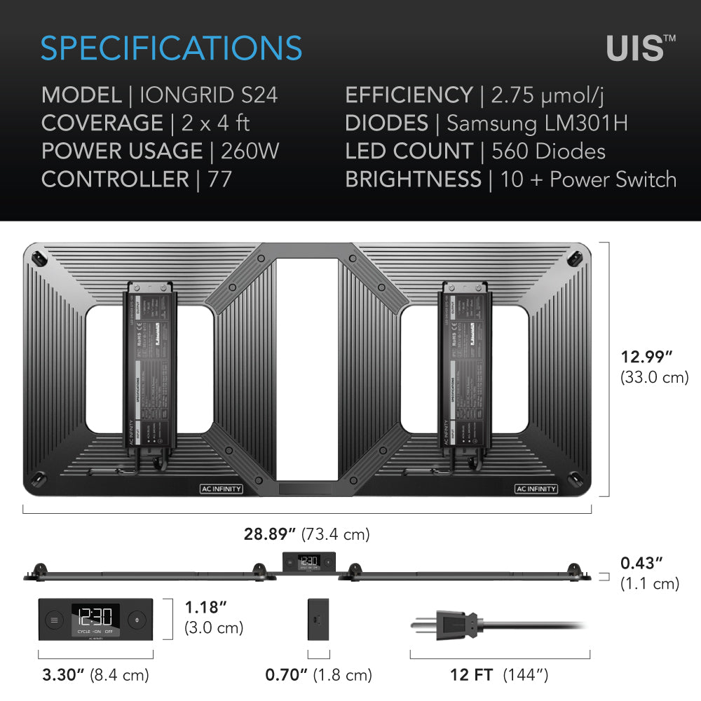 AC Infinity 260W full spectrum LED grow light specs