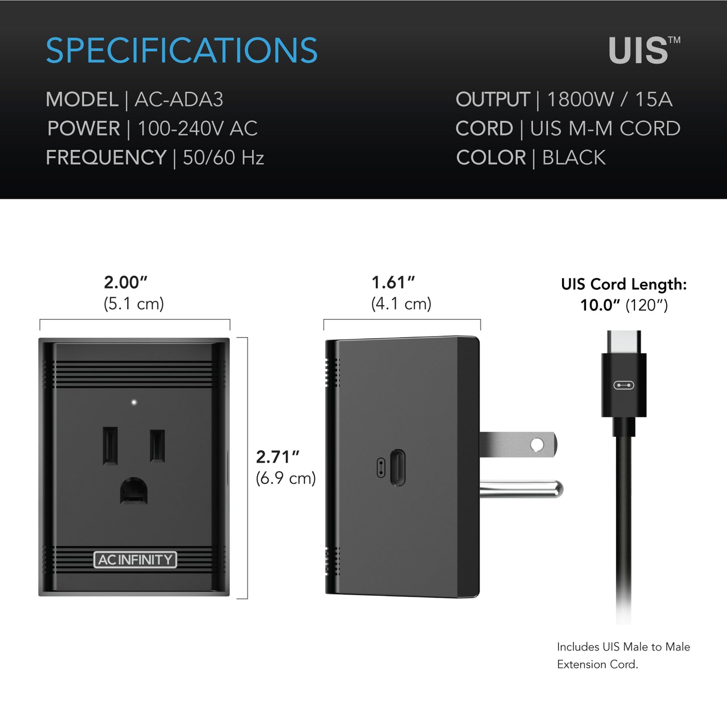 AC Infinity outlet plug adapter specs