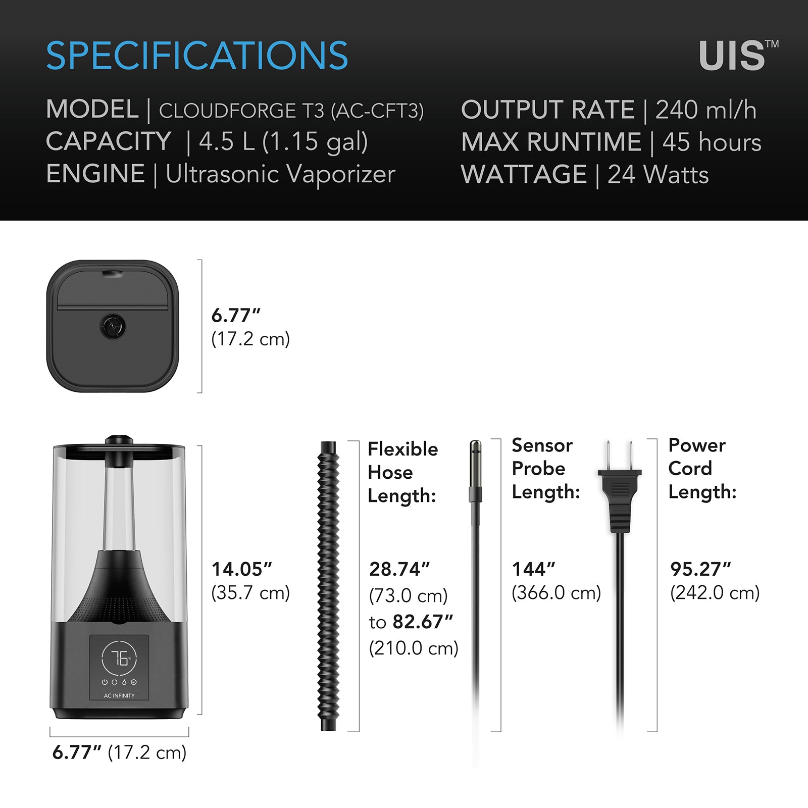 AC INFINITY 4.5 liter humidifier specs