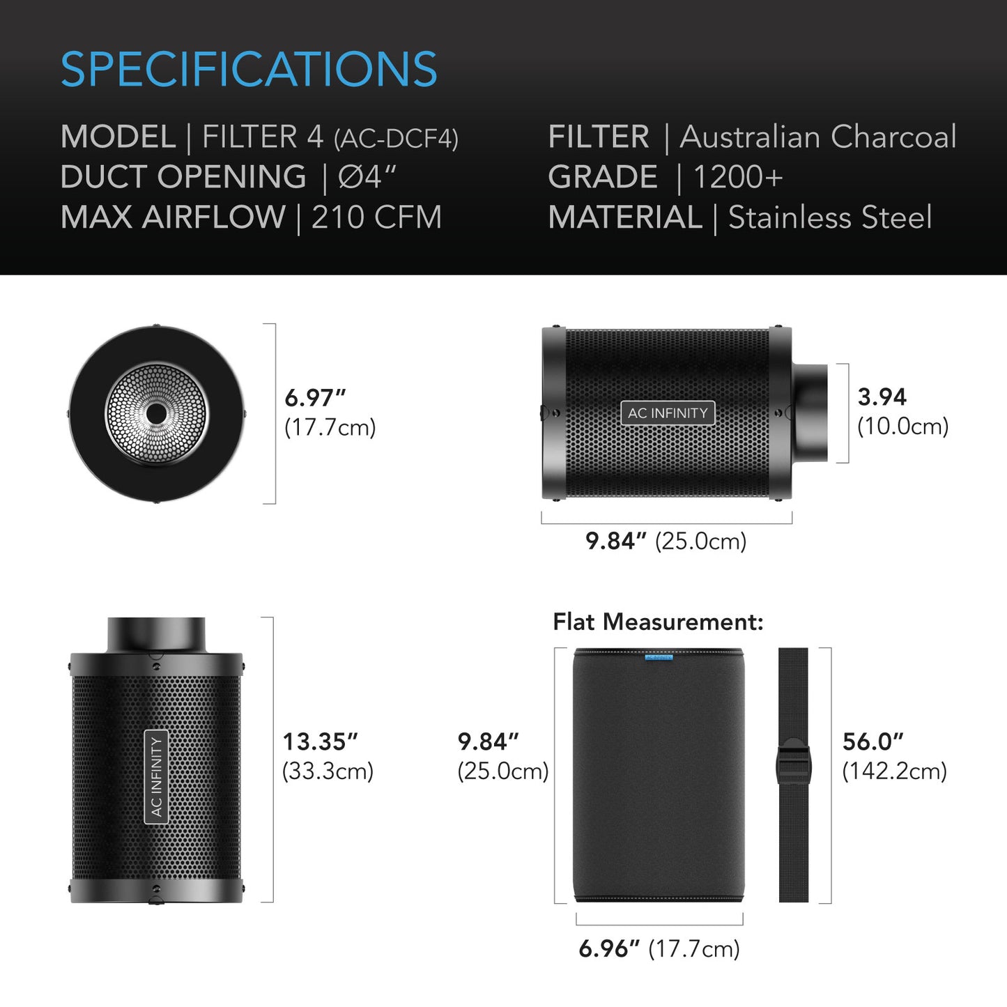 AC Infinity carbon filter 4inch diameter specs