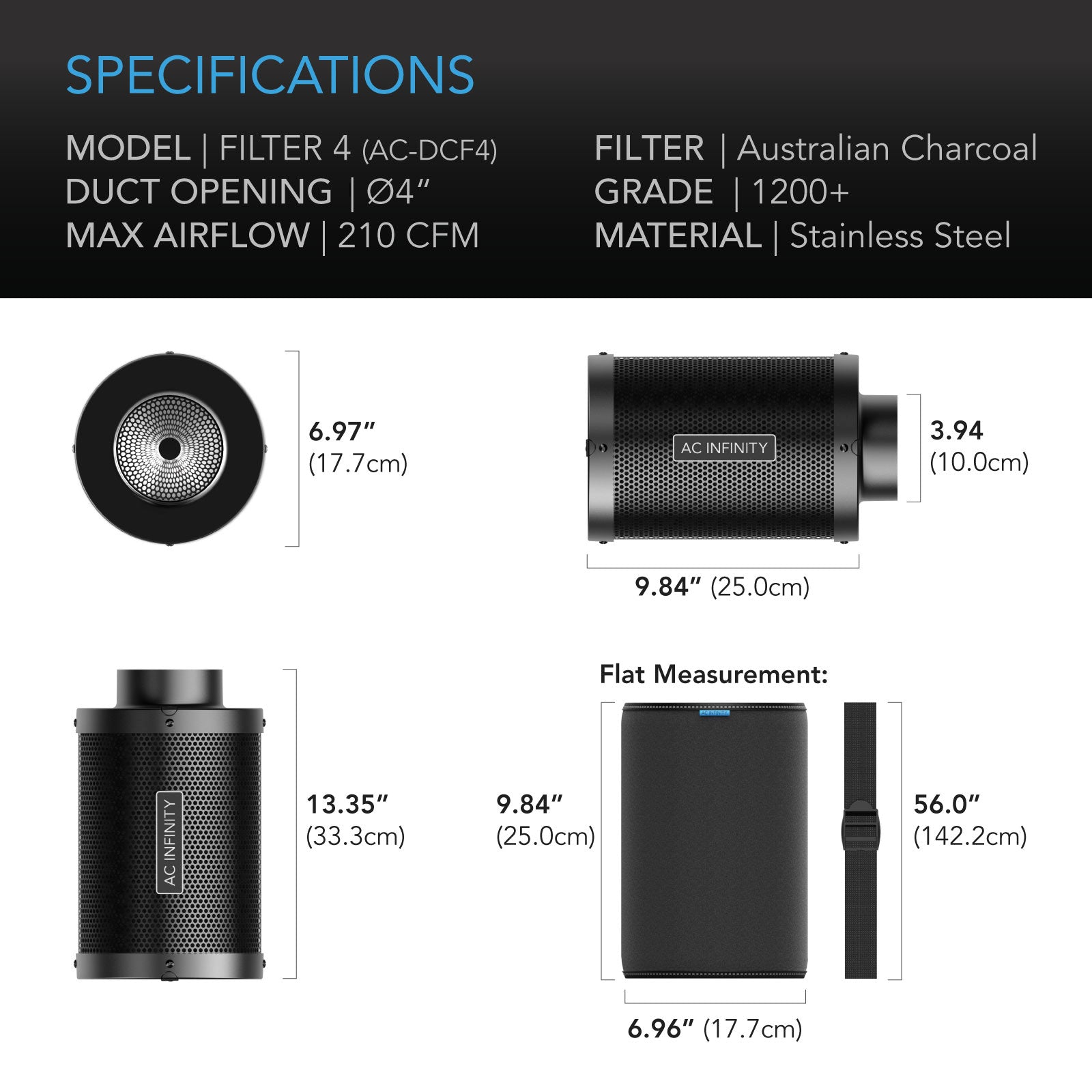 AC Infinity carbon filter 4inch diameter specs