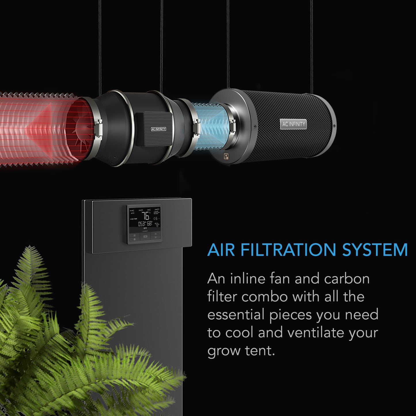 AC Infinity 4inch inline duct fan, 8ft duct, carbon filter, and 69 PRO controller iso view