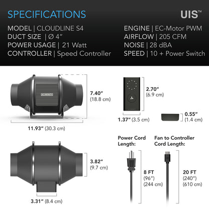 AC Infinity 4inch inline fan with wired speed controller specs