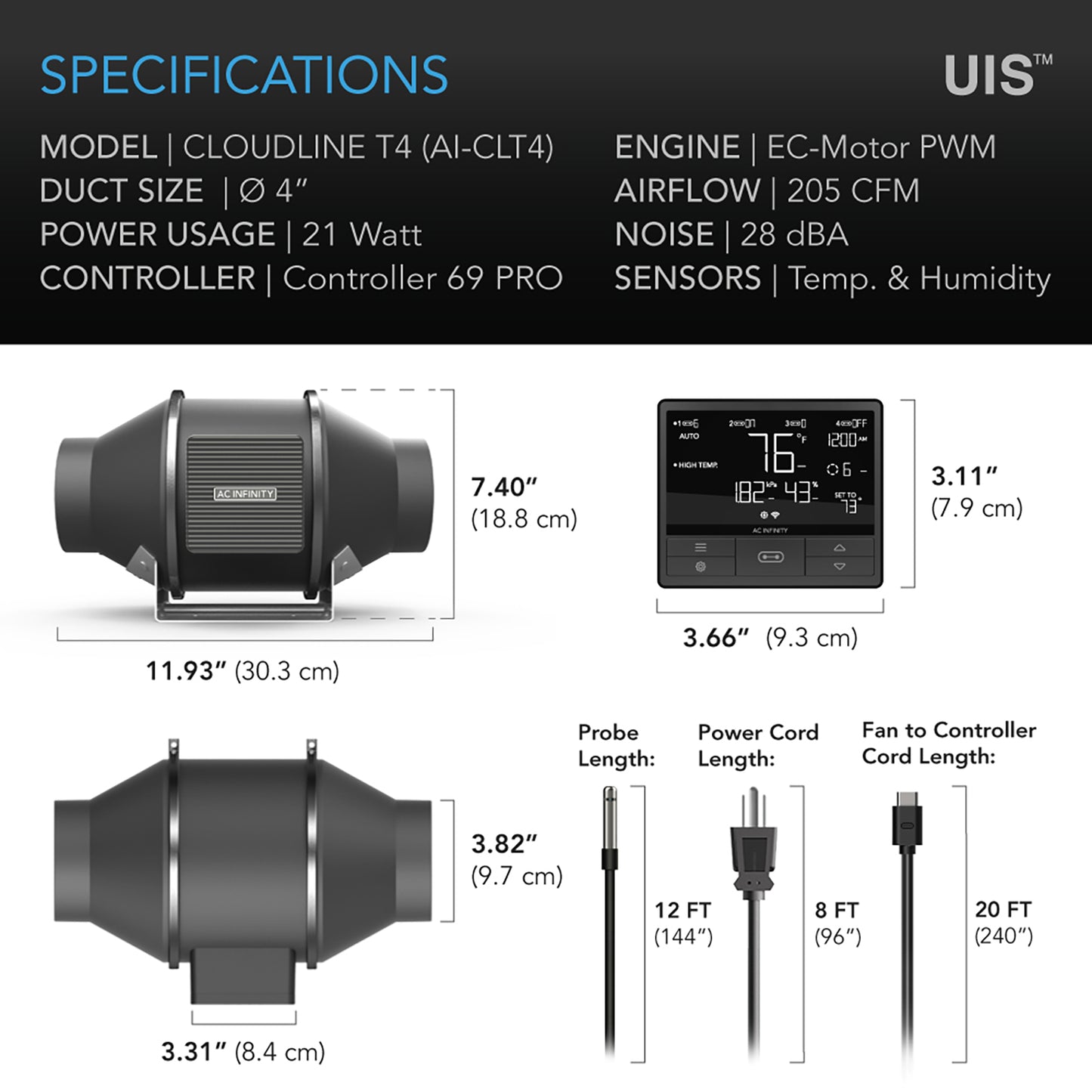 Cloudline Pro T4- 4-Inch Inline Duct Fan with Temperature Humidity VPD Controller